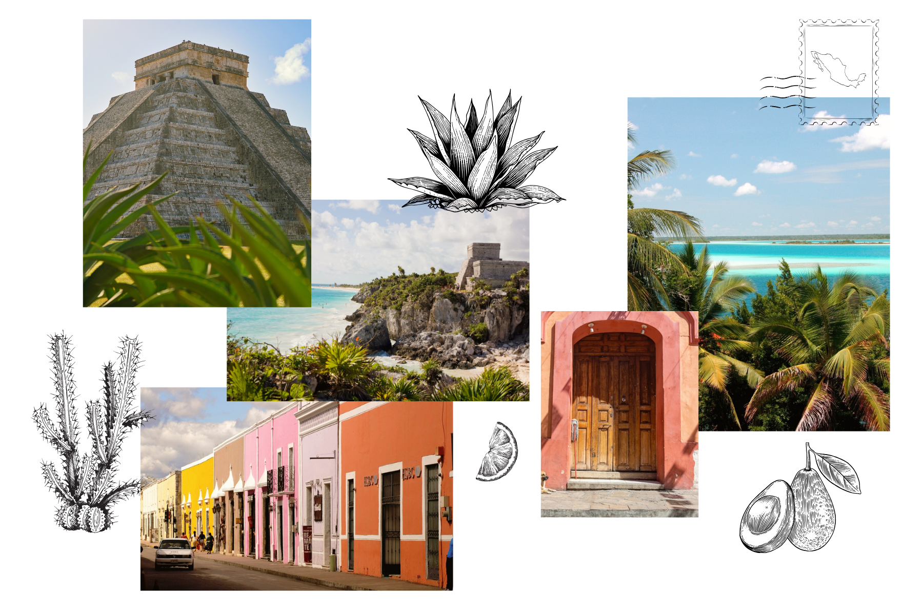Collage de photos du Mexique avec pyramide maya, plage turquoise, rue colorée et gravures botaniques