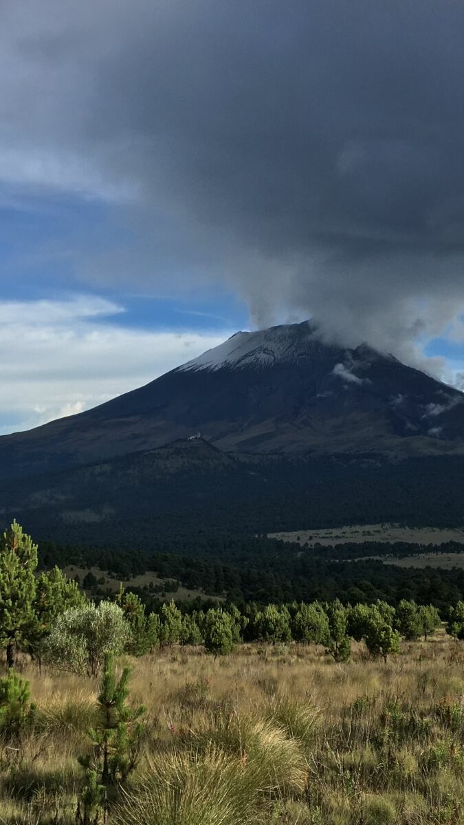 Volcan Popocatépetl sous un ciel orageux avec prairies et pins en premier plan