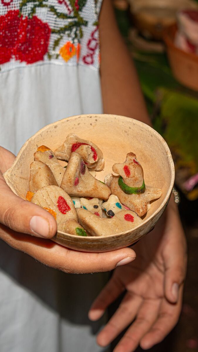 Femme en huipil brodé présentant un bol de ceviche de champignons, cuisine yucatèque