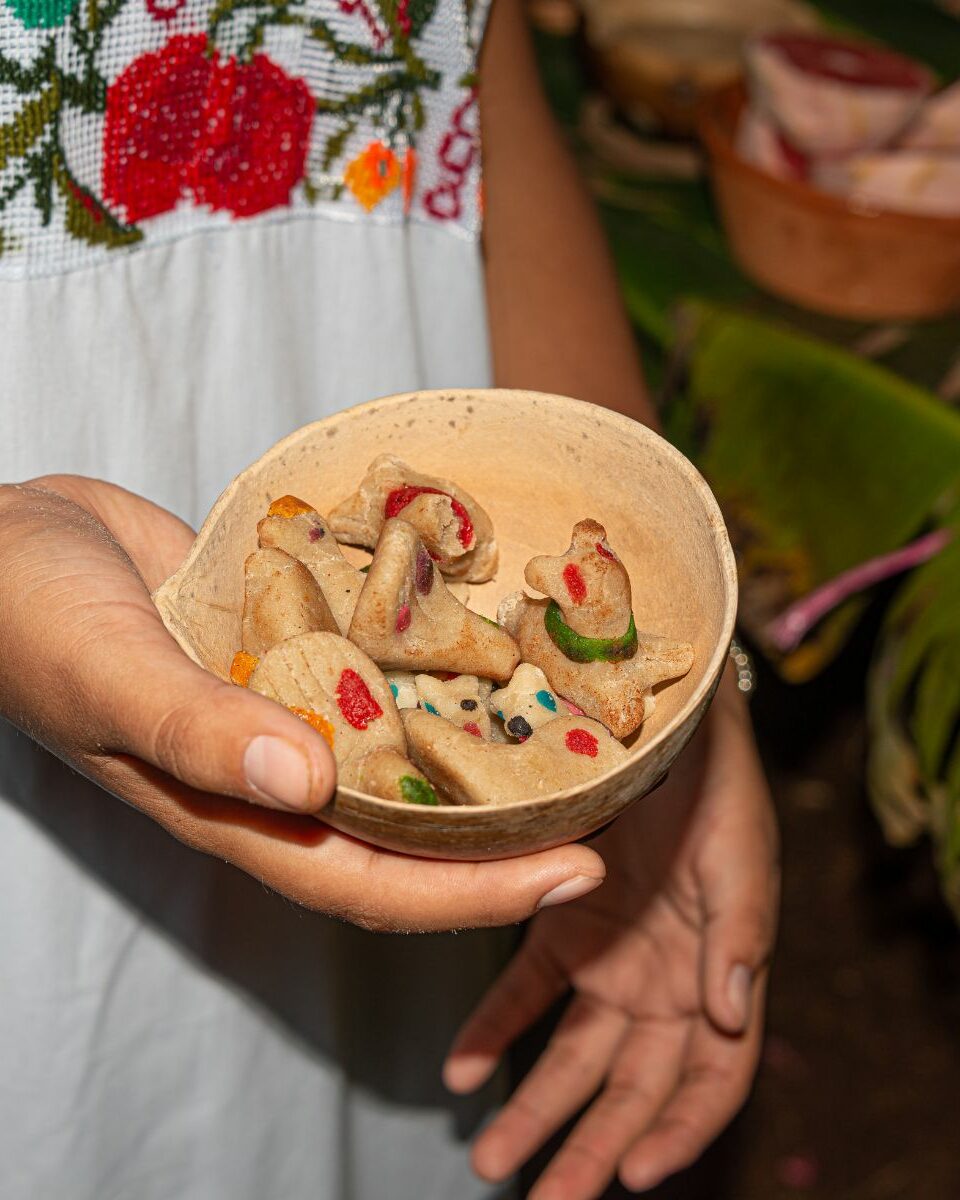 Femme en huipil brodé présentant un bol de ceviche de champignons, cuisine yucatèque